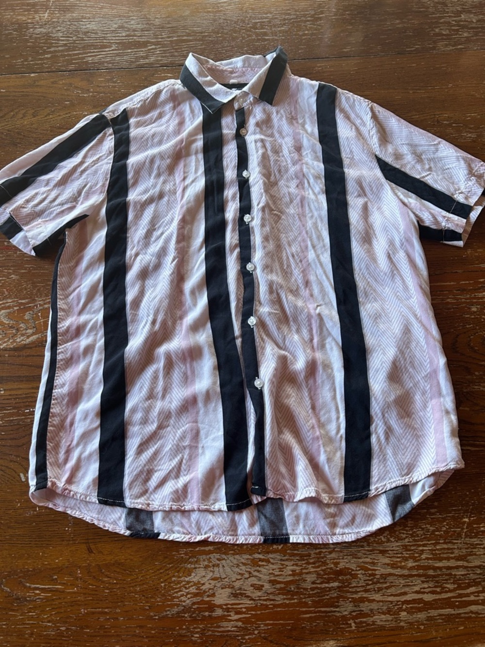 Denim & Flower Short-Sleeve Stripe Button-Up Shirt - Pink/Black